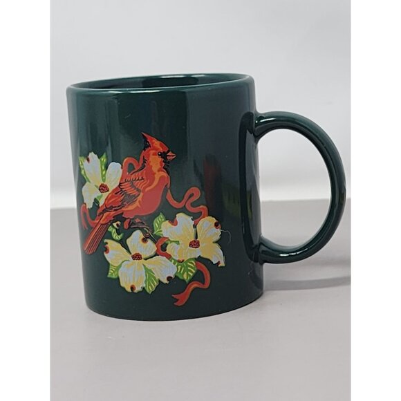 Vintage Dark Green Ceramic Mug With Cardinal & Dogwood Design MCM‎ Ageless - Picture 1 of 9